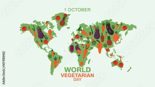 Vector art of world vegetarian day observed globally with a map of the world composed of diverse fresh vegetables, highlighting plantbased diets and international health