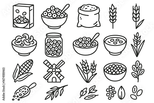 Cereal and grain icons collection: breakfast bowls, seeds, wheat, corn, windmill