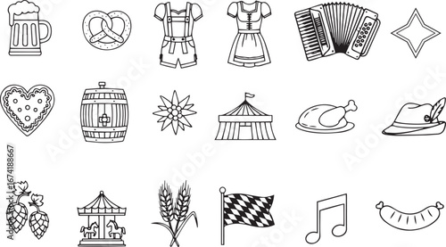A collection of black and white icons including beer mugs, pretzels, dirndls, an accordion, a sausage, a heart, a flower, an Oktoberfest tent, a roasted chicken, a barrel, a Ferris wheel