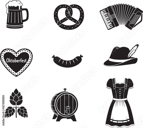 A collection of black and white icons representing Oktoberfest traditions, including a beer mug, pretzel, hat, sausage, and traditional Bavarian dress.