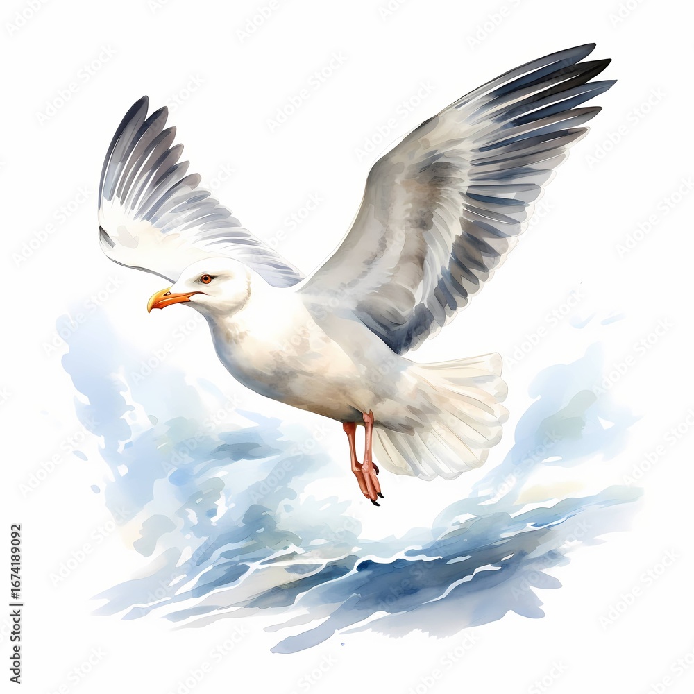 Obraz premium The illustration shows a seagull with white and gray wings soaring above blue water, depicted in a watercolor style.