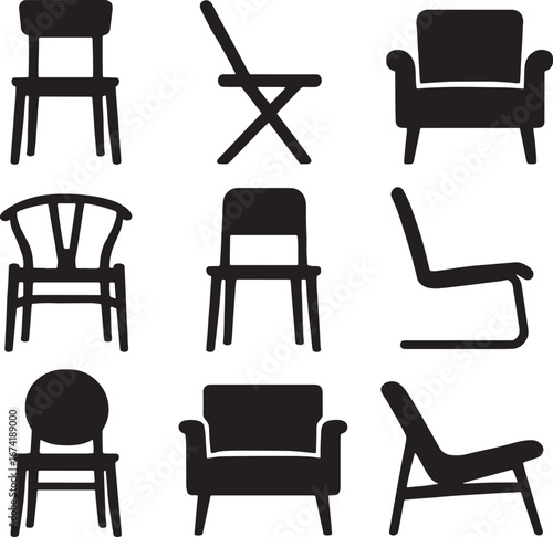 Collection of nine diverse chair silhouettes on a white background icon furniture
