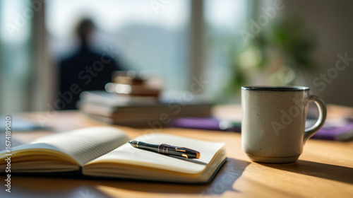 Open notebook on desk with coffee cup in soft daylight