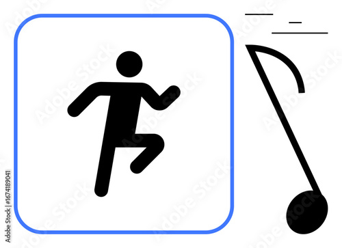 Silhouetted figure running beside a musical note suggesting movement, rhythm, and energy. Ideal for fitness classes, music-inspired workouts, creativity, energy, health, motivation and simple