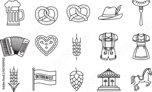 A collection of black and white icons representing Oktoberfest symbols, including beer, pretzels, sausages, and traditional clothing.