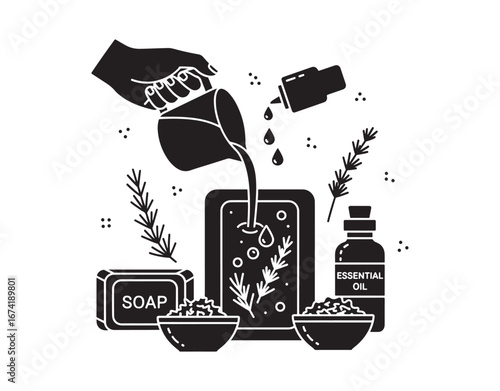 DIY soap represented as a black glyph icon. A natural and fragrant product. Melt-and-pour soap. Supplies for soapmaking. Incorporating herbs and essential oils. A silhouette symbol