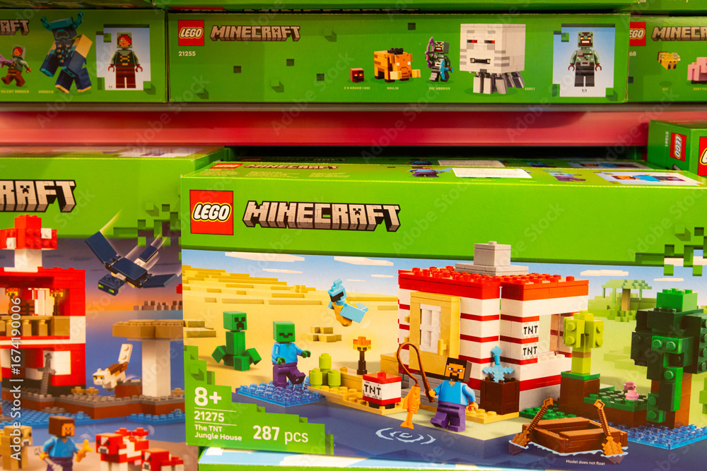 Obraz premium A close-up of a LEGO Minecraft set box for
