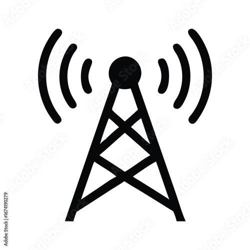 Black and white icon of a transmission tower emitting radio waves