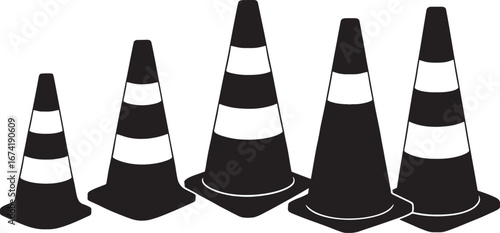 Five black and white traffic cones of varying sizes on white safety cone road cone