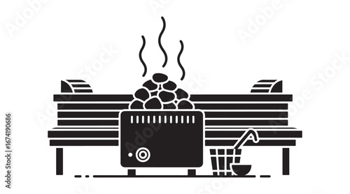 Dry heat sauna icon in black. A place for spa resort leisure, bathhouse comfort. Symbol of heat therapy and vaporarium on a white background.