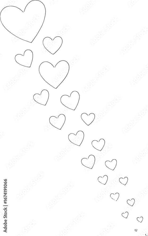 Obraz premium Flowing cascade of outline hearts in various sizes on a white background love romance