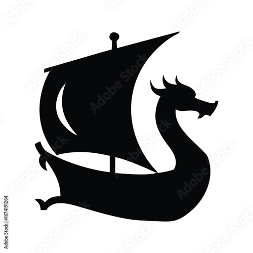 Black silhouette of a dragon ship with a sail