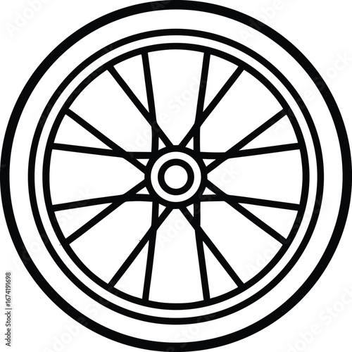 Simple Black and White Bicycle Wheel Icon:  Clean Line Art Graphic Design Element