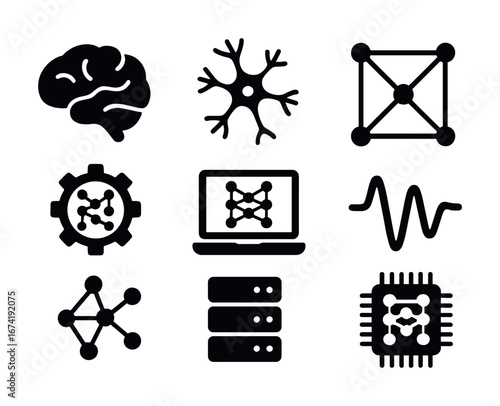 Icons representing brain, neurons, network, gear, laptop, waves, nodes, server, microchip