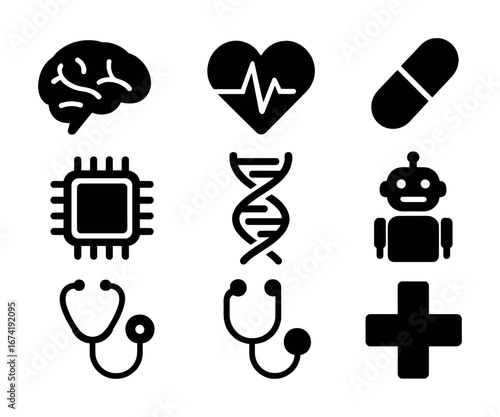 Medical and technology symbols including robot brain heart pulse dna pill