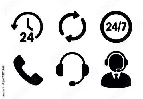 Communication and customer service icons: 24/7 access, phone, and headset support