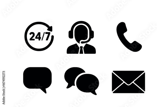 Contact center icons: support, headset, phone, chat, email, 24/7 availability symbols