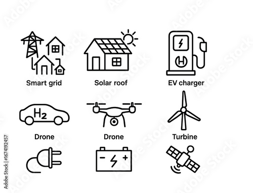 Smart grid technology with solar roof, ev charger, hydrogen car, and drone