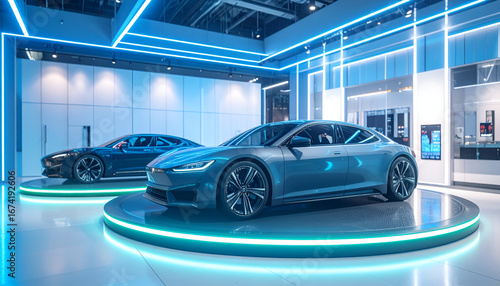 Sleek Grey Electric Cars on Display in Modern Blue Lit Showroom