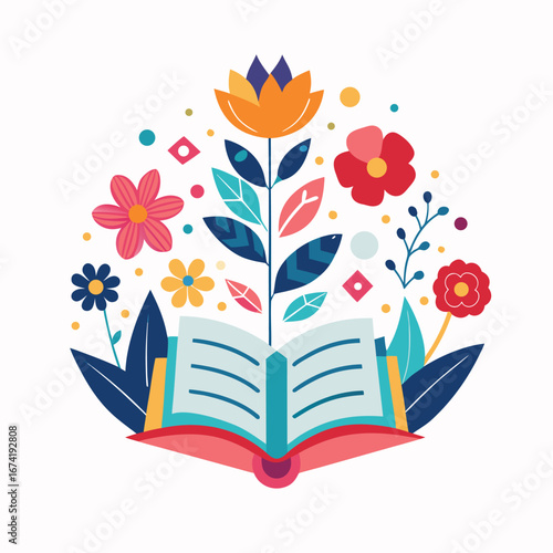 Open Book with Colorful Flowers Vector icon on white background
