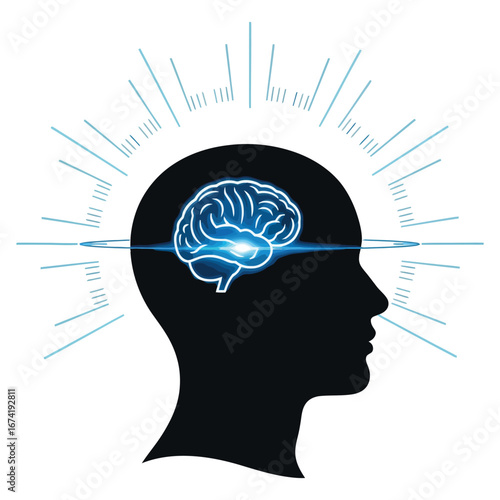 Human head silhouette with glowing brain and radiating light waves mind