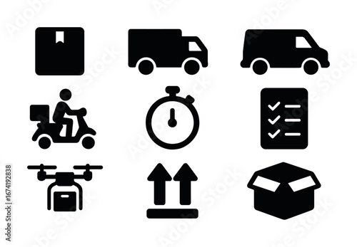 Delivery icons set: packages, vehicles, timer, checklist, drone, arrow, box symbols