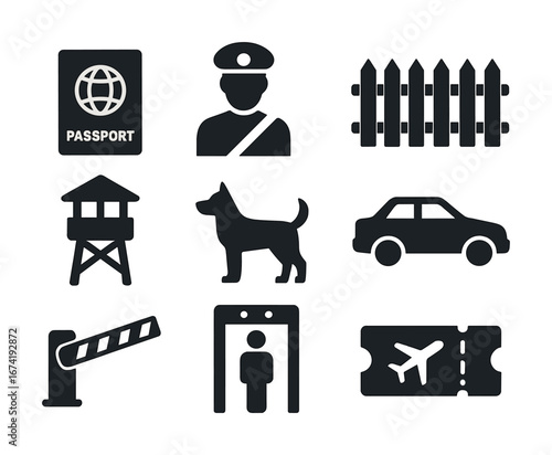 Border and travel icons: passport, guard, security, dog, car, ticket