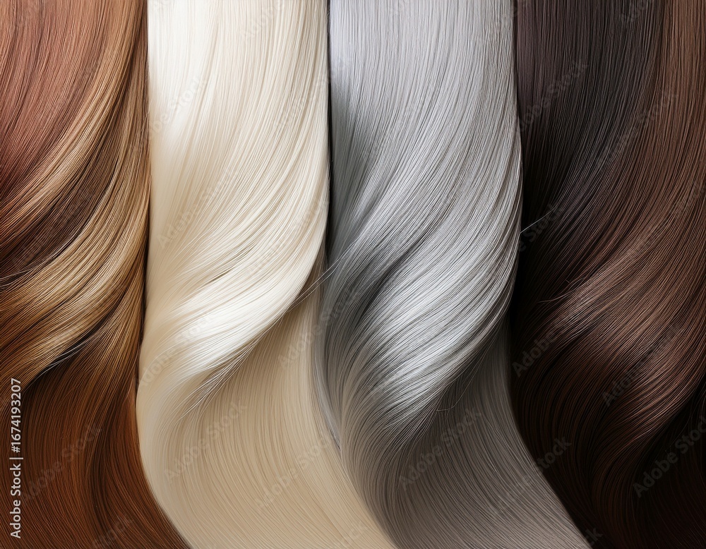 Naklejka premium natural hair colour palette from silver to brunette close up top view generative ai