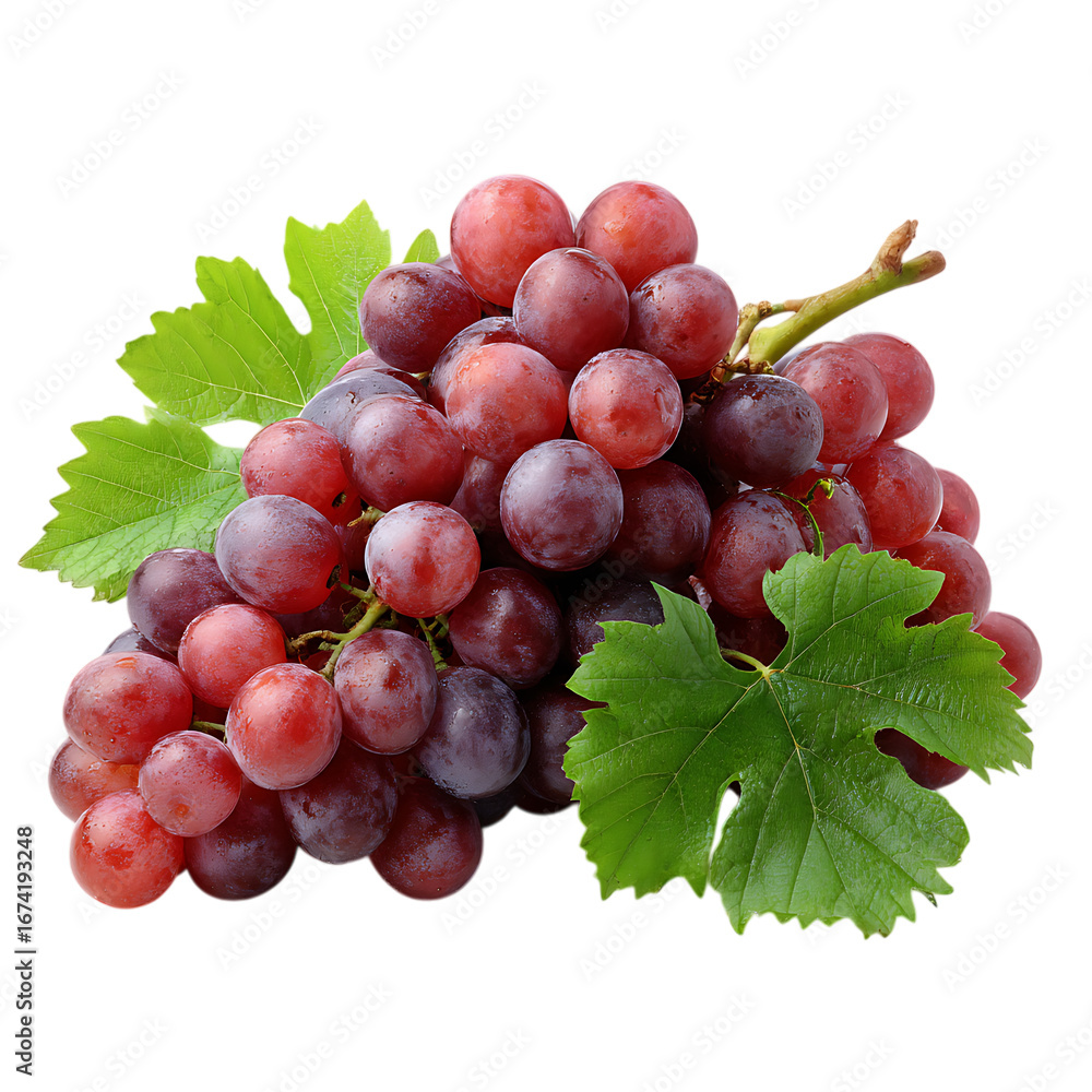 Fototapeta premium Fresh red grapes with green leaves isolated on transparent background