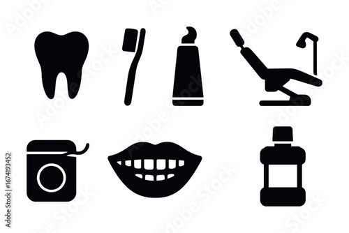 Dental care icons: tooth, toothbrush, toothpaste, dental chair, floss, smile, mouthwash