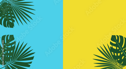 Tropical Summer Vibes Bright Yellow and Turquoise Background with Lush Green Palm Leaves