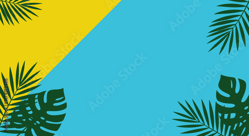 Tropical Summer Background Vibrant Yellow and Blue Design with Palm Leaves and Monstera Plants