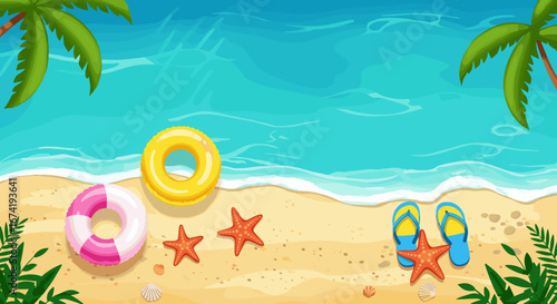 Vibrant aerial illustration of a tropical beach. Azure ocean waves, golden sand, palm trees, colorful floats, comfy flip-flops, and starfish for a serene summer vacation