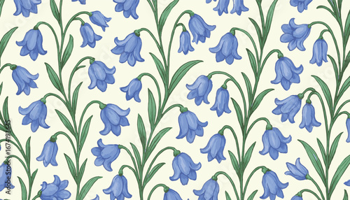 Seamless floral pattern featuring hand-drawn bluebell flowers with green leaves on a light background. Ideal for fabric, wallpaper, packaging, stationery, and elegant decorative designs.