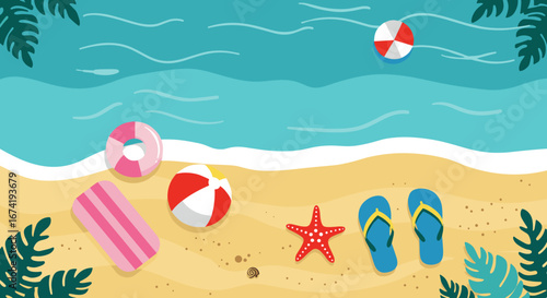 Bright and inviting beach scene Sun-kissed sands, gentle waves, and essential summer elements, creating a perfect coastal vacation ambiance. Featuring a beach ball, starfish, and flip-flops