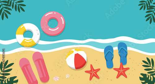 A simple and colorful summer beach vacation background. Flat lay vector illustration with a top-down view of sand, sea, and essential items like a beach ball and flip-flops