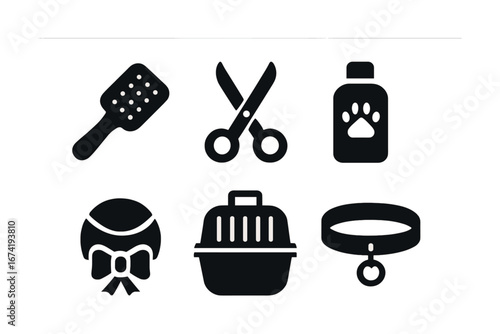 Pet grooming essentials: brush, scissors, shampoo, bow, carrier, collar icons set