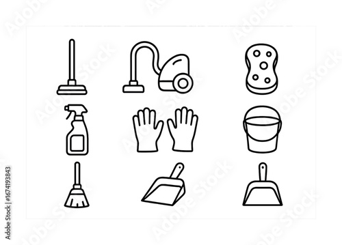 Cleaning tools icons: plunger, vacuum, sponge, spray, gloves, bucket, broom, dustpan