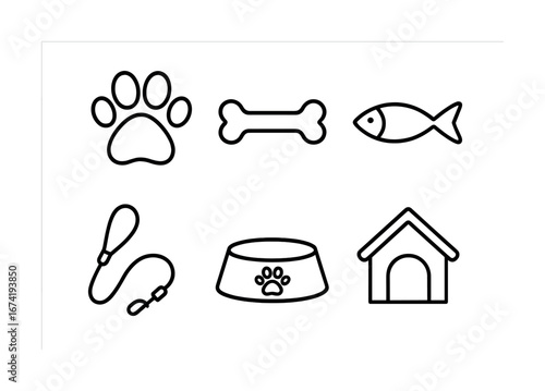 Pet care icons: paw, bone, fish, leash, bowl, doghouse symbols