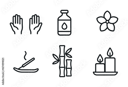 Spa and relaxation essentials: candles, incense, oil, bamboo, flowers, hands
