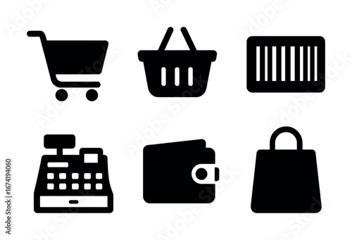 Shopping icons collection: shopping cart, basket, barcode, cash register, wallet, bag