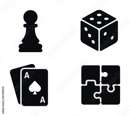 Game icons set: chess pawn, dice, playing cards, puzzle piece