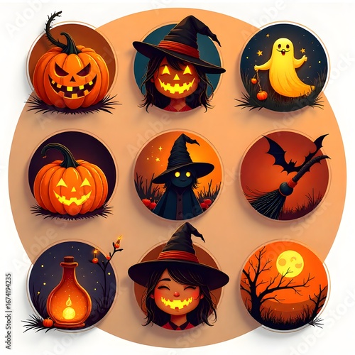 Halloween icon set with pumpkins, witch hat, ghost, bat, spooky tree, potion, moon, trick or treat symbols