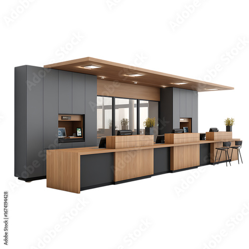 Modern outdoor food service counter with seating isolated on transparent background