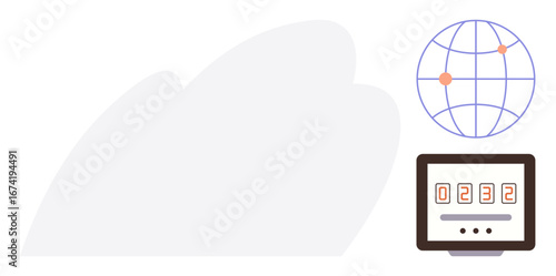 Minimalist globe with connection points representing global reach next to a digital visitor counter. Ideal for analytics, website traffic, global data, connectivity, statistics, web tracking, simple