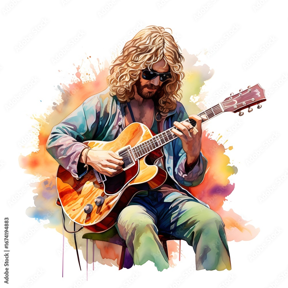 Obraz premium The illustration shows a male musician seated, wearing sunglasses and a jacket, playing an acoustic guitar against a colorful watercolor background.