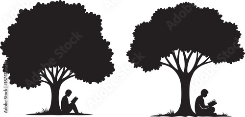 Two people reading under trees silhouette