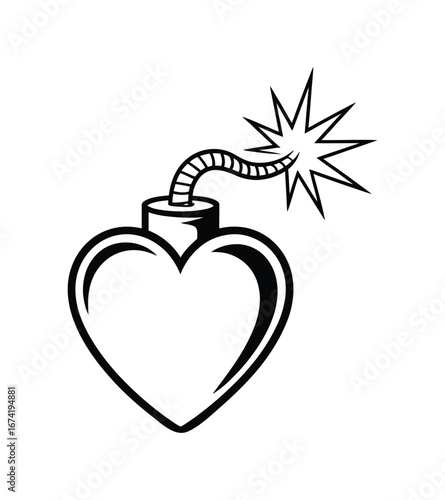 Heart shaped bomb with fuse and explosion on white background love
