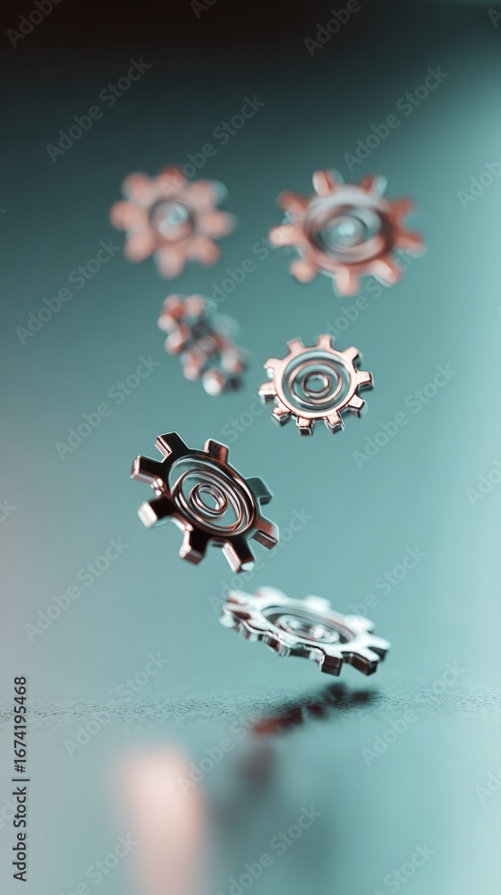 Fototapeta premium An abstract composition of polished metal gears floating on a blue gradient. 
