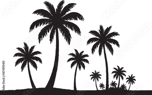 Silhouette of a tropical beach with multiple palm trees on white background island